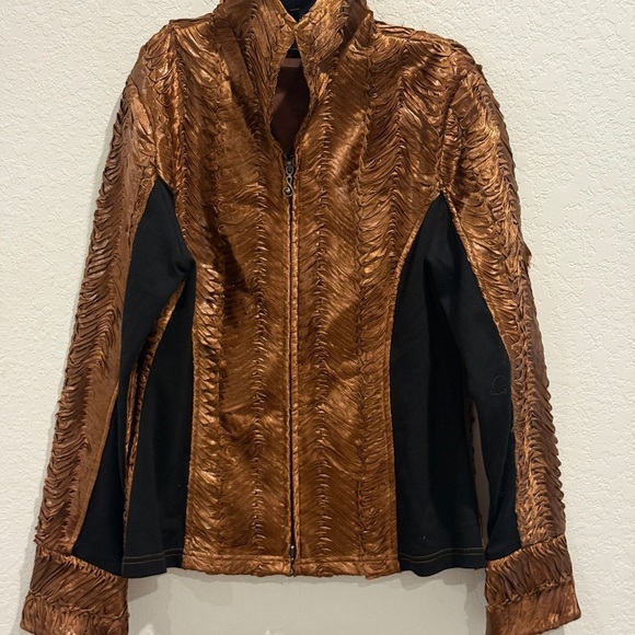 Samuel Dong Brown and Black Bomber Jacket with Textured Metallic Finish - Picture 1 of 6
